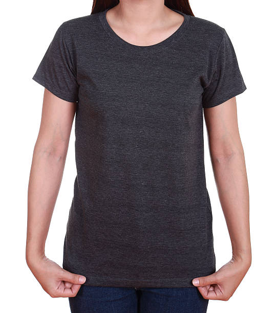 istock Black short-sleeved t-shirt on a woman. 486020589