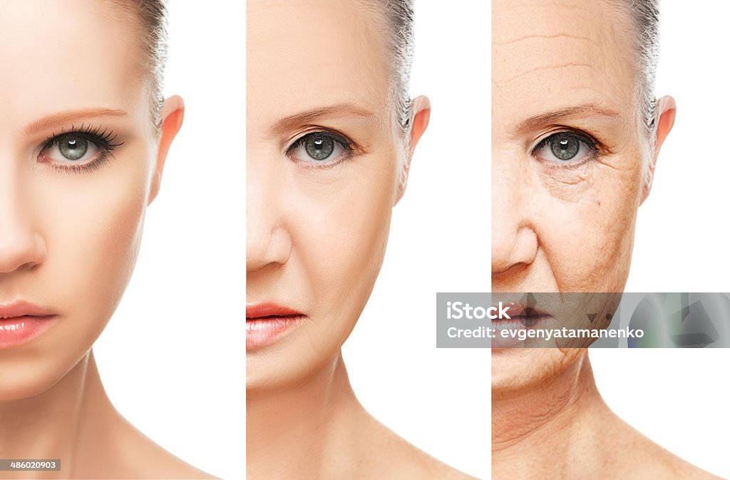 concept of aging and skin care isolated concept of aging and skin care. face of young woman and an old woman with wrinkles isolated Aging Process Stock Photo