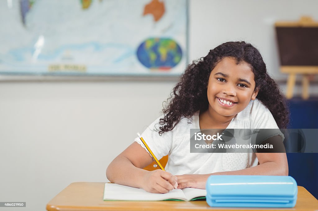 Smiling pupil working at her desk in a classroom Portrait of smiling pupil working at her desk in a classroom in school 2015 Stock Photo