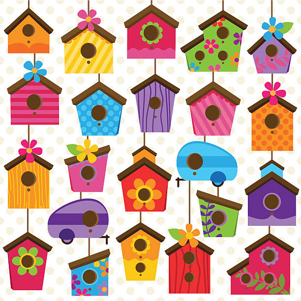 ilustraciones, imágenes clip art, dibujos animados e iconos de stock de vector conjunto de pájaros coloridos linda y casas - birdhouse animal nest bird tree