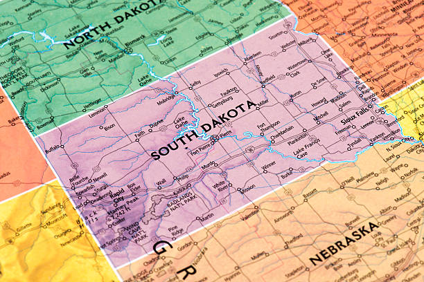 South Dakota Map of South Dakota State. Selective focus.  usa road map selective focus macro stock pictures, royalty-free photos & images