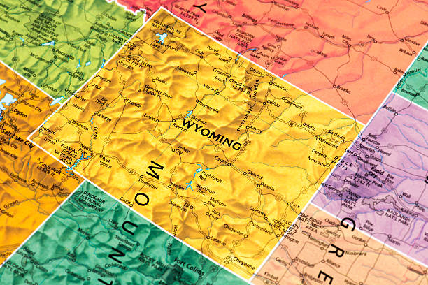 Wyoming Map of Wyoming State. Selective focus.  wyoming stock pictures, royalty-free photos & images