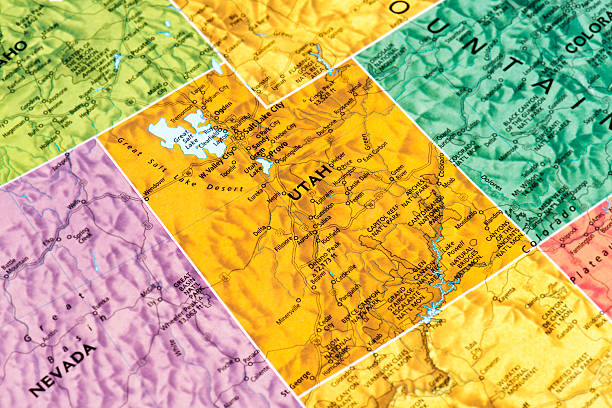 Utah Map of Utah State. Selective focus.  usa road map selective focus macro stock pictures, royalty-free photos & images
