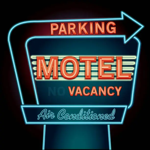 Vector illustration of Late night retro Motel Neon Parking sign