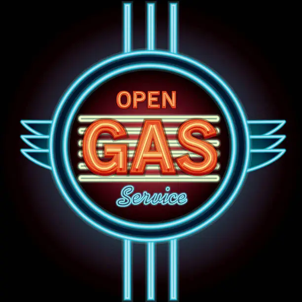 Vector illustration of Vintage neon Open Gas Service and garage sign