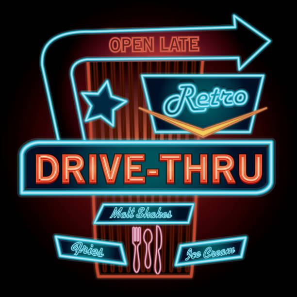 Late night retro Drive Thru restaurant neon sign Late night retro Drive Thru restaurant neon sign 1950s diner stock illustrations