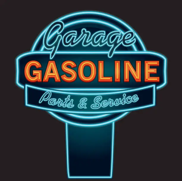 Vector illustration of Vintage neon Gasoline and garage sign