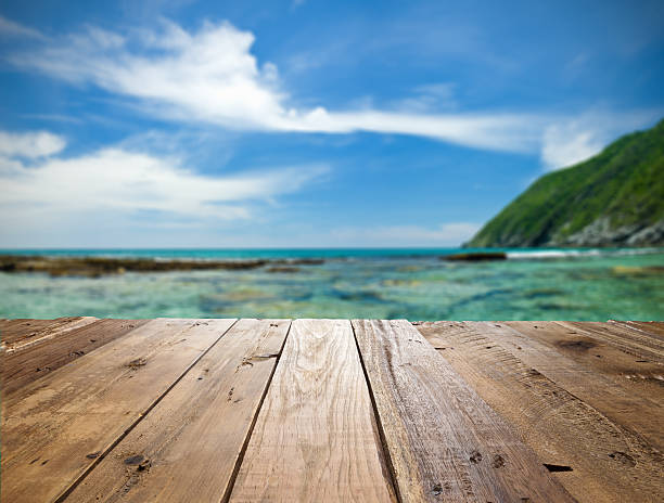 istock Empty wooden table against defocused tropical beach 486029124