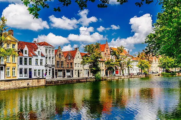 View along the canal towards Langerei in the city of Bruges in Belgium, looking north. AdobeRGB colorspace.