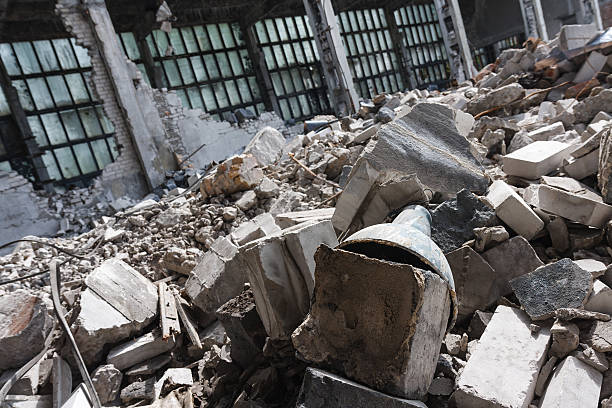 istock Abandoned destroyed factory building, industrial background 486033212