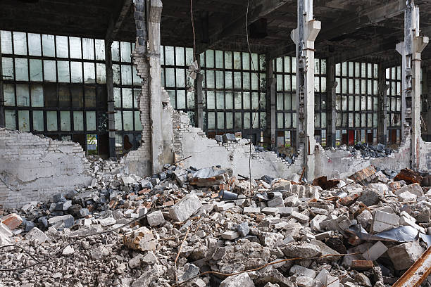 istock Abandoned destroyed factory building, industrial background 486033244