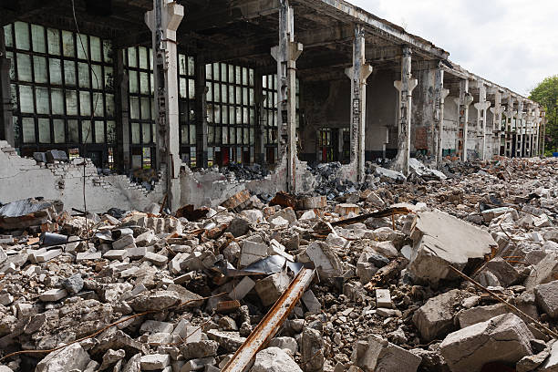 istock Abandoned destroyed factory building, industrial background 486033250