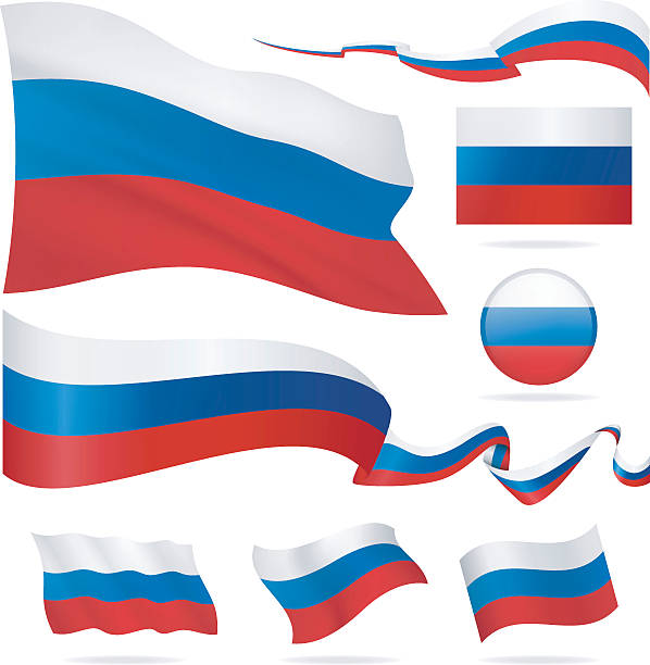 Flags of Russia - icon set - Illustration Russian Federation - waving flags and icons russia flag stock illustrations
