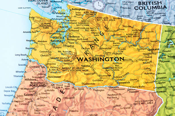 Washington Map of Washington State. Selective focus.  usa road map selective focus macro stock pictures, royalty-free photos & images