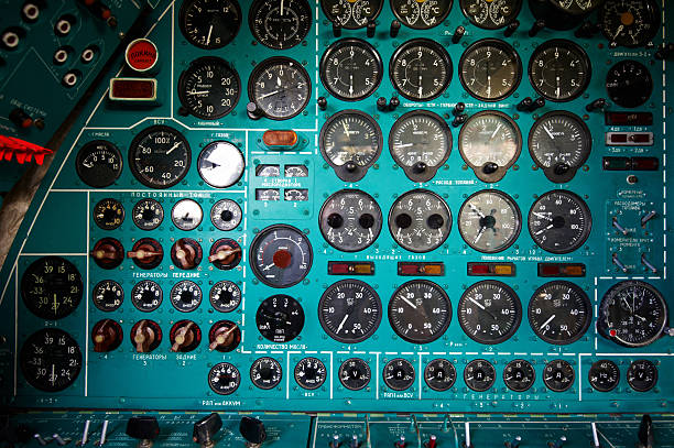 Soviet bomber instrument panel inside the cabin of the soviet bomber Tu-95 "Bear". Russian lettering on the dashboard are not trademarks. flight instruments stock pictures, royalty-free photos & images