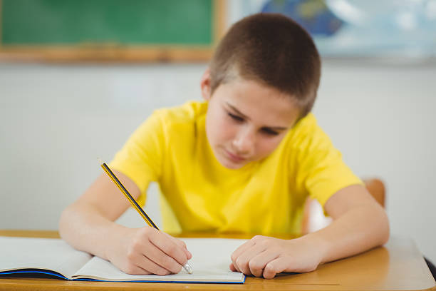 istock Concentrated pupil working at his desk in a classroom 486038454