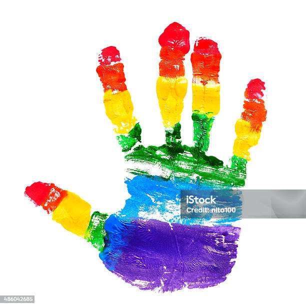 Handprint With The Colors Of The Rainbow Flag Stock Photo - Download Image Now - Gay Pride Parade, LGBTQIA Pride Event, White Background