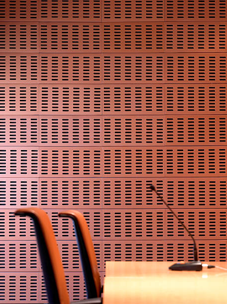 istock Interior ceramic wall detail with chairs and microphone. 486042785