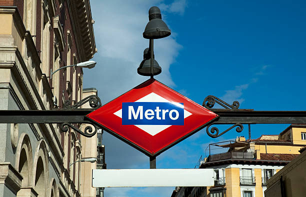 istock Spain. Metro sign station and old classic buildings. 486044373