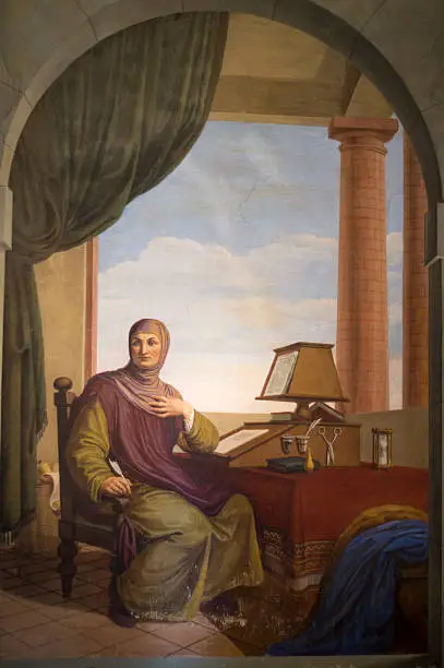 painting of the poet Giovanni Boccaccio in his house in Certaldo, Florence, Tuscany.