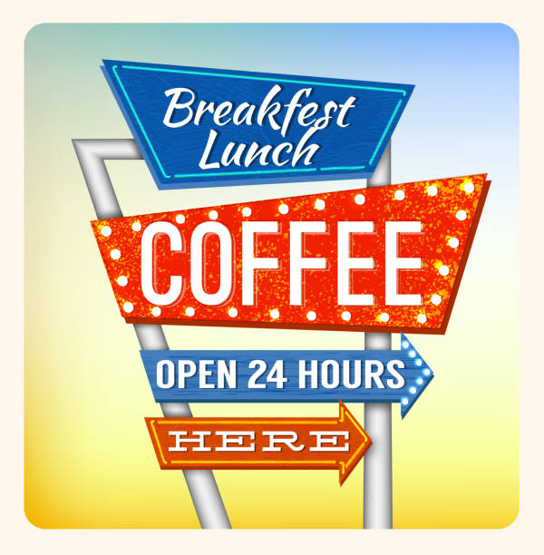 Retro Neon Sign Breakfest Coffee Retro Neon Sign Coffee and Breakfest lettering in the style of American roadside advertising vintage style 1950s. roadside motel stock illustrations