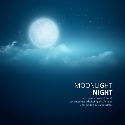 Night vector background, Moon, Clouds and shining Stars on dark blue sky. EPS 10