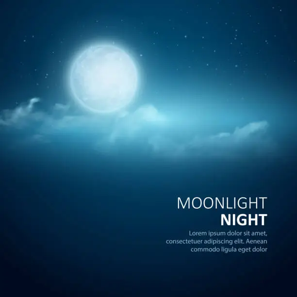 Vector illustration of Night background, Moon, Clouds and shining Stars on  blue sky