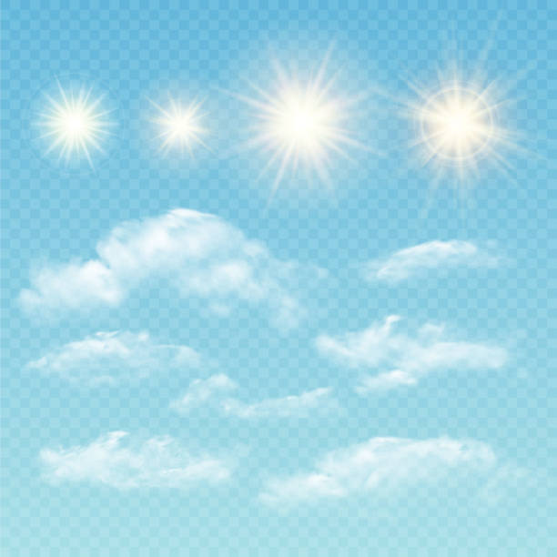 illustrations, cliparts, dessins animés et icônes de sky créateur. feu réaliste nuages et le soleil. illustration vectorielle - weather sky blue sunlight