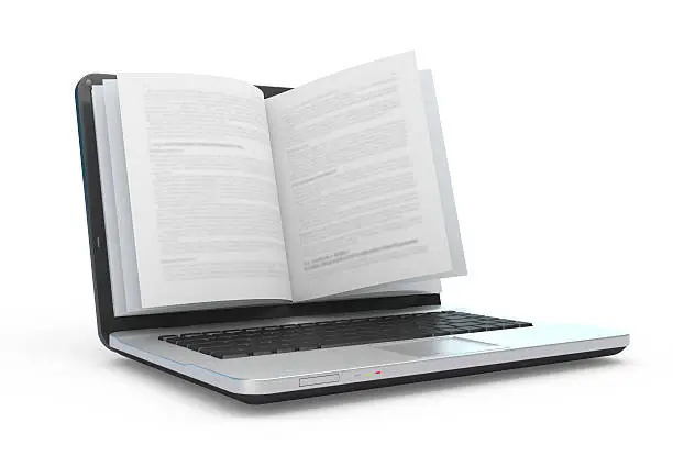 Electronic book. E-reading. E-learning. Laptop with book pages isolated on white..