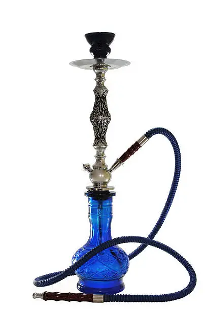 Photo of Arabic blue glass hookah isolated on white background