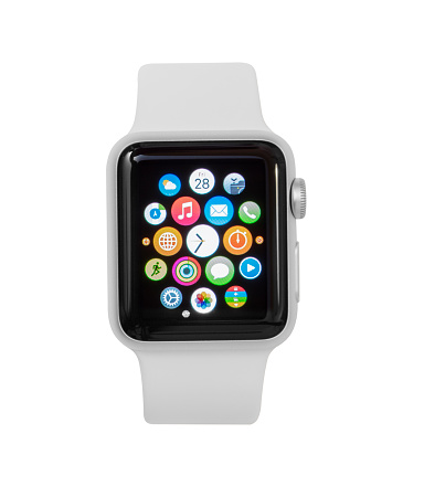 Las Vegas, USA - August 28, 2015: Apple watch isolated on a white background. Apple Watch is a smartwatch developed by Apple Inc. It incorporates fitness tracking and health-oriented capabilities as well as integration with iOS and other Apple products and services. 