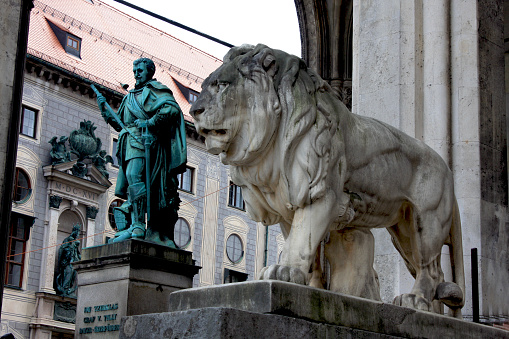 Munich, Germany, Bavarian Lion Statue in front of Feldherrnhalle, Bavaria.