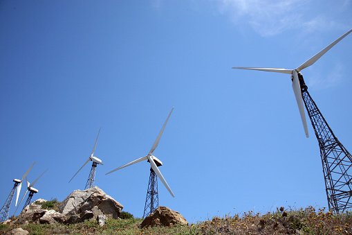 Tarifa, Spain - November 10, 2010: Tarifa wind mills with blue sky
