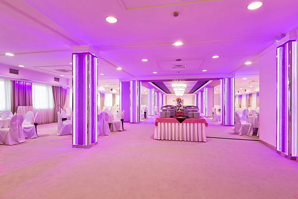 istock Elegant banquet hall with pink lights 486063276