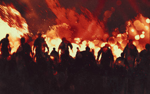 ilustrações, clipart, desenhos animados e ícones de zombie caminhada através da queima de fogo de chamas - inferno