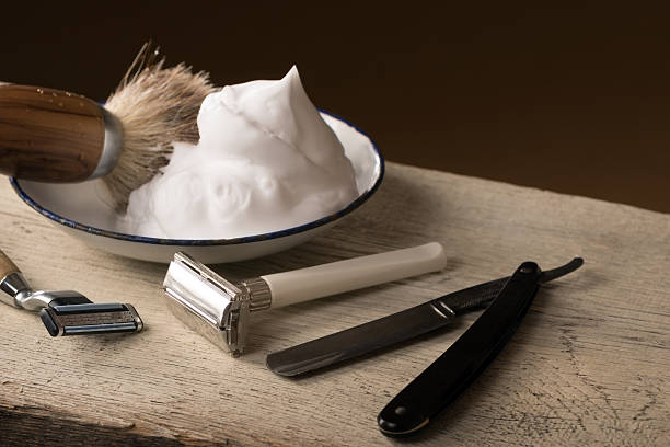 istock vintage shaving Equipment on wooden Table 486067190