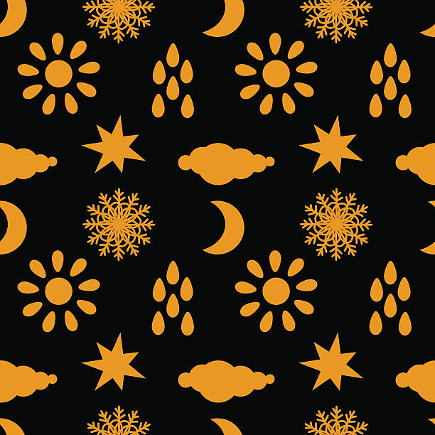 illustrations, cliparts, dessins animés et icônes de motif sans couture avec nuages, gouttes de pluie, le soleil, flocons et étoiles - seamless pattern meteorology snowflake