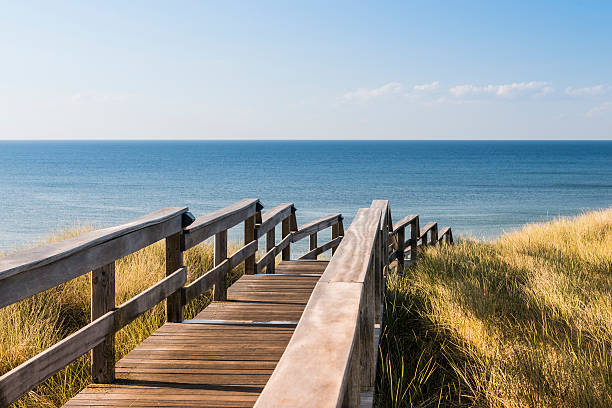 Wooden footpath through dune. North sea beach in Germany.