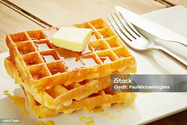 Waffles With Syrup On White Dish Stock Photo - Download Image Now - Breakfast, Butter, Cake