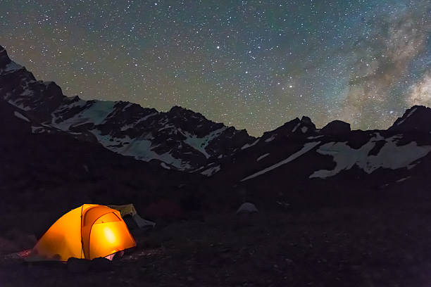 istock Night mountain landscape with illuminated tent 486074726