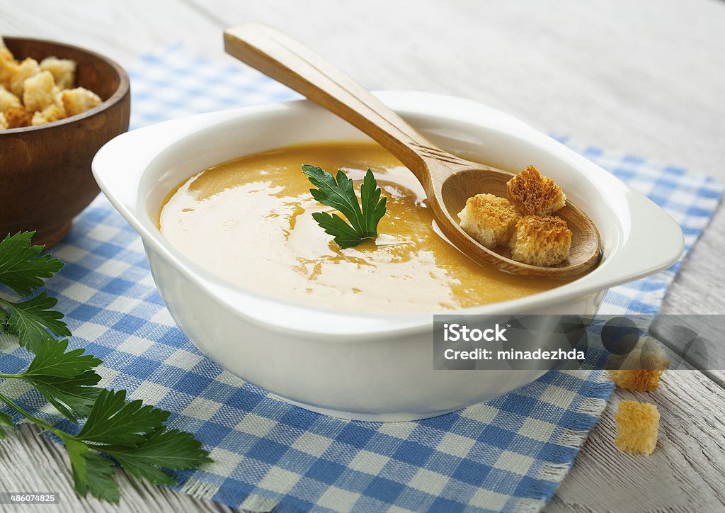 Pea soup Pea soup with croutons in the bowl Bowl Stock Photo