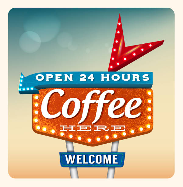 Retro Neon Sign Coffee Retro Neon Sign Coffee lettering in the style of American roadside advertising vintage style 1950s roadside motel stock illustrations
