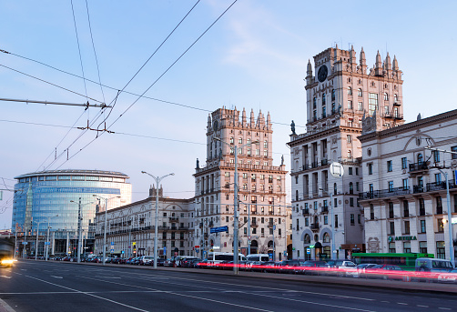 Minsk, Belarus - August 20, 2015: Two towers on Railway station square known as 