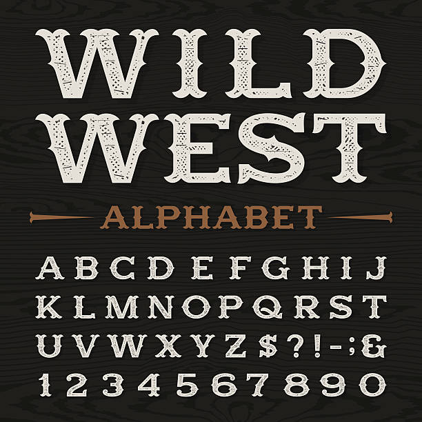 Western retro dirty alphabet vector font. Western style retro distressed alphabet vector font. Serif type dirty letters, numbers and symbols on a dark wood textured background. Vintage vector typography for labels, headlines, posters etc. wild west stock illustrations