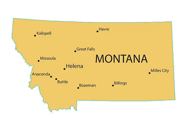 Vector illustration of map of Montana with indication of largest cities