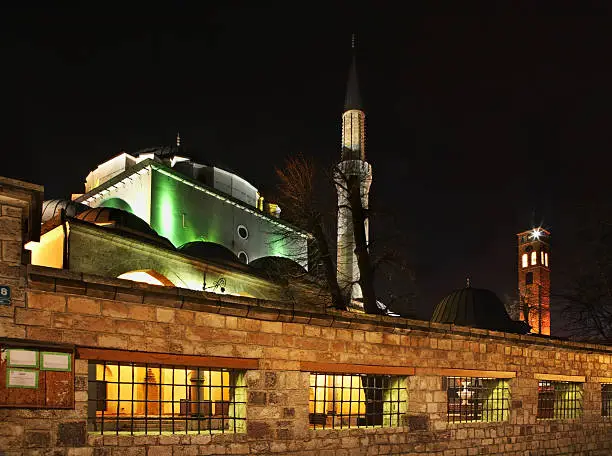   Gazi Husrev-beg mosque and Sahat-kula  in Sarajevo. Bosnia and Herzegovina