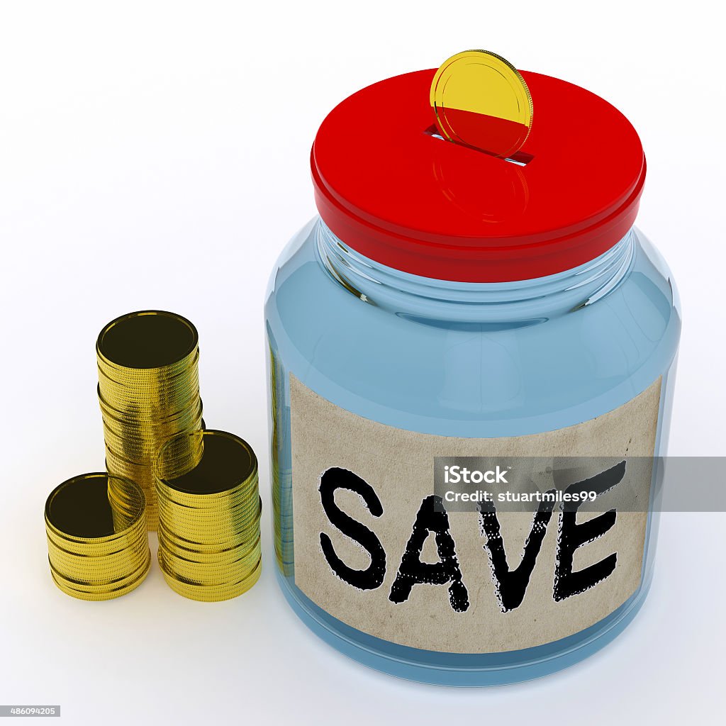 Salva Barattolo di vetro indica il risparmio di denaro e della prenotazione - Foto stock royalty-free di Barattolo di vetro