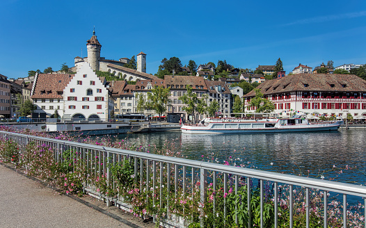 Schaffhausen, Switzerland - 26 August, 2015: view over the Rhine river towards the Freier Platz square. Schaffhausen is a city in northern Switzerland and the capital of the canton of the same name.