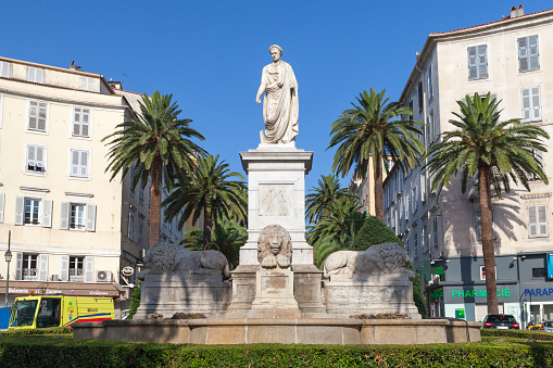 Ajaccio, France - July 7, 2015: Statue of Napoleon Bonaparte in Roman garb, historical center of Ajaccio, Corsica