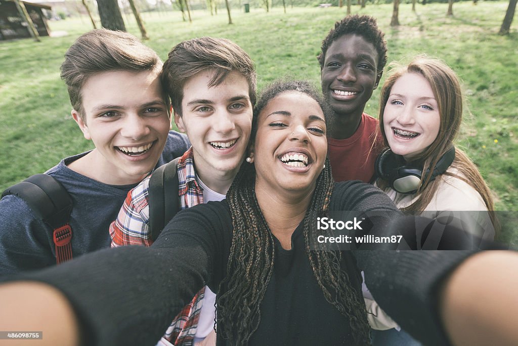 Group of Multiethnic Teenagers Taking a Selfie Adult Stock Photo